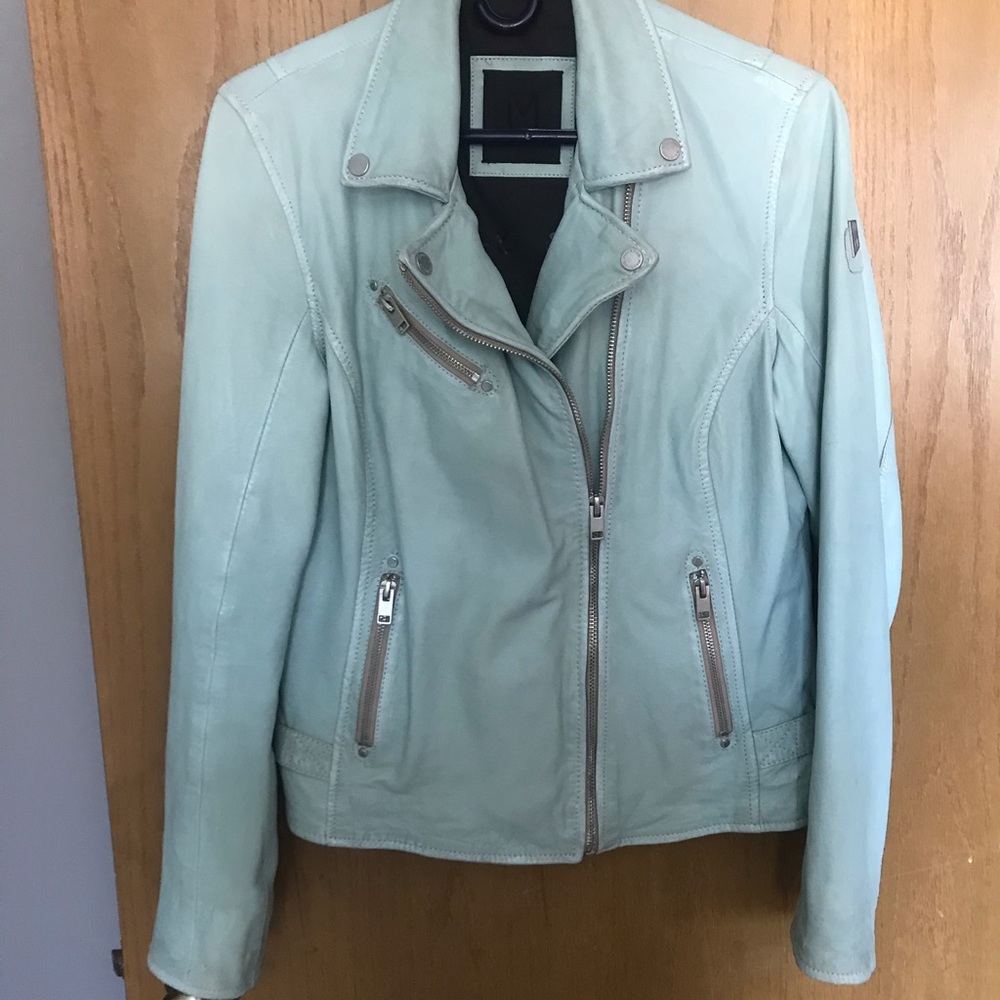 Mint green leather moto jacket